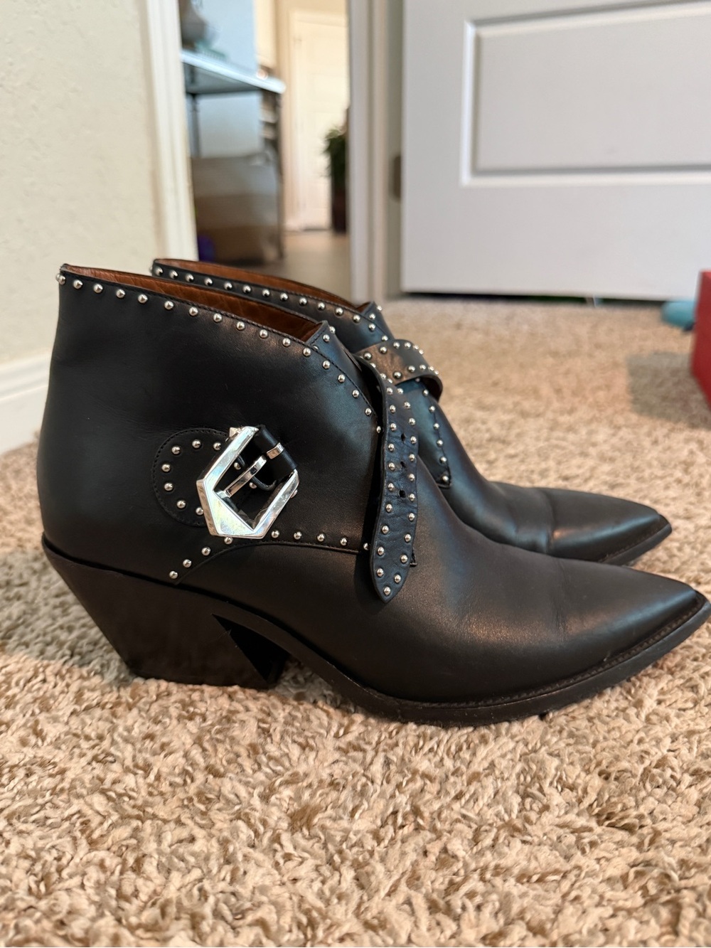 Givenchy Women's Black Studded Pointed Ankle Boots with Buckle
